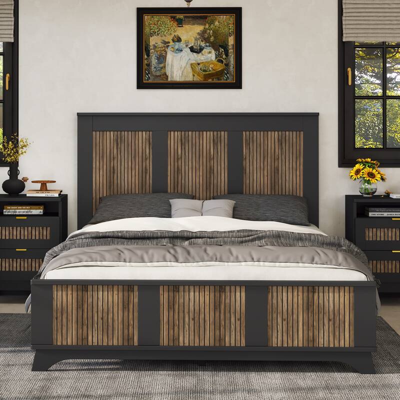 Stylish Platform Bed Slats Support Wood Bed, Rustic Farmhouse Style Bed Frame with Wooden Strip Decoration Elevated Headboard