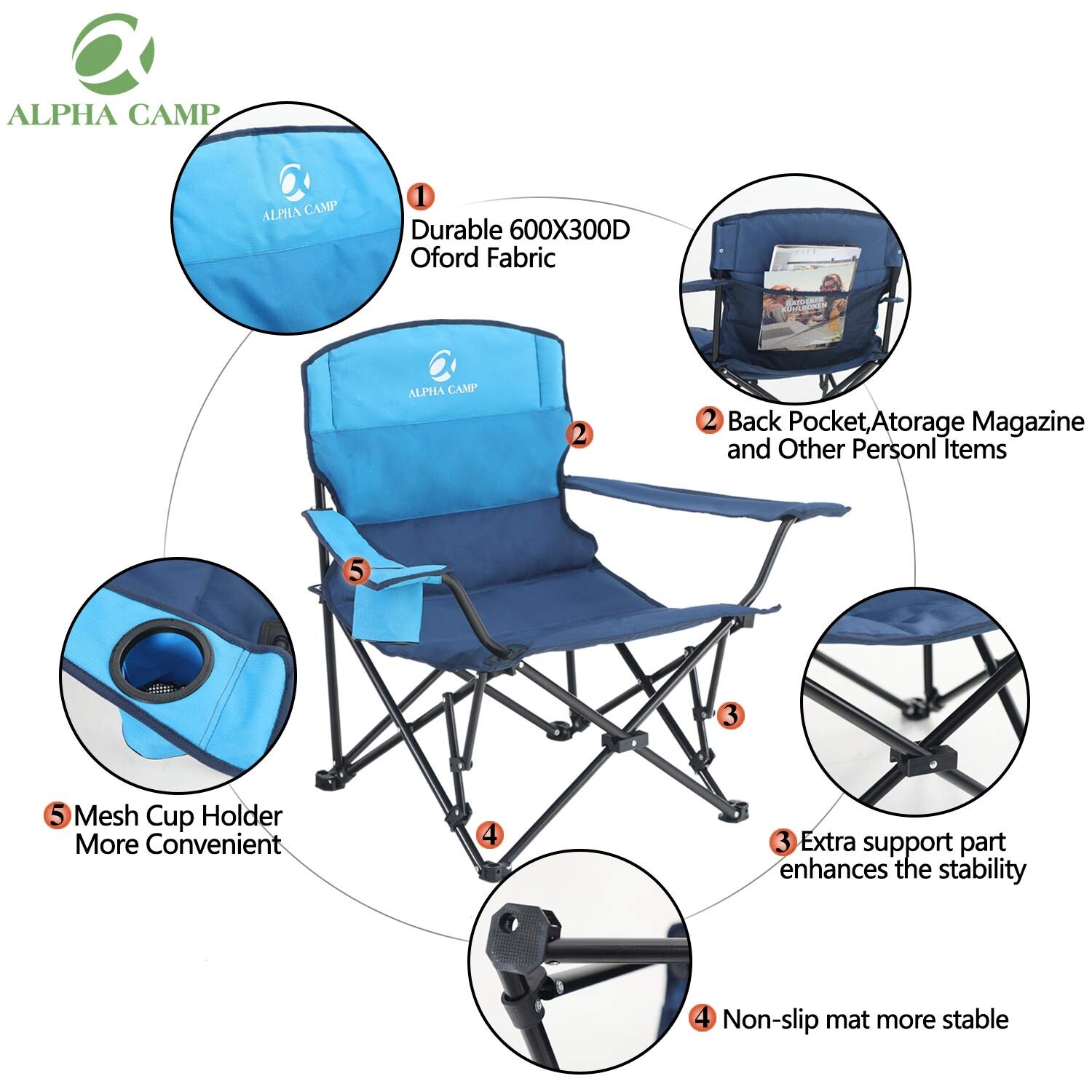  ALPHA CAMP Oversized Camping Folding Chair Heavy Duty with  Cooler Bag Support 450 LBS Steel Frame Collapsible Padded Arm Quad Lumbar  Back Chair Portable for Lawn Outdoor,Blue : Sports 