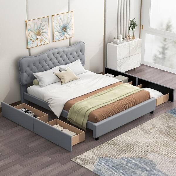slide 2 of 16, Queen Size PU Leather Upholstered Platform Bed with 4 Drawers