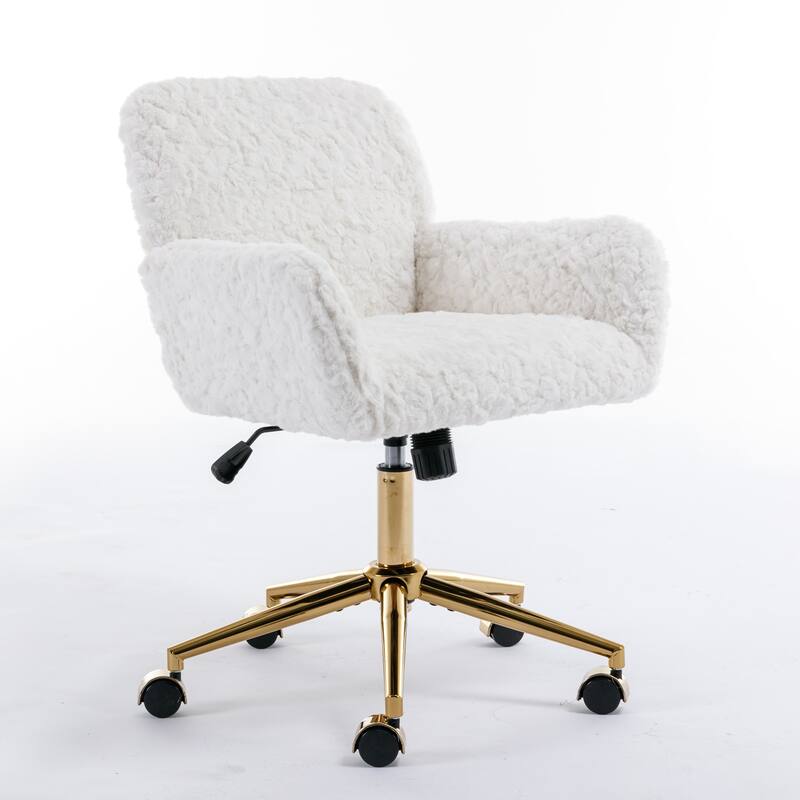 Roomfitters Faux Fur Office Chair, Adjustable Swivel Desk Chair with Gold Metal Base, Modern Vanity Accent Chair