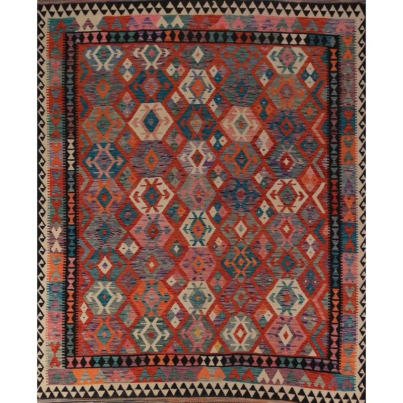 Orange Nomadic Kilim Oriental Area Rug Flatweave Wool Carpet - 8'7"x 9'6"
