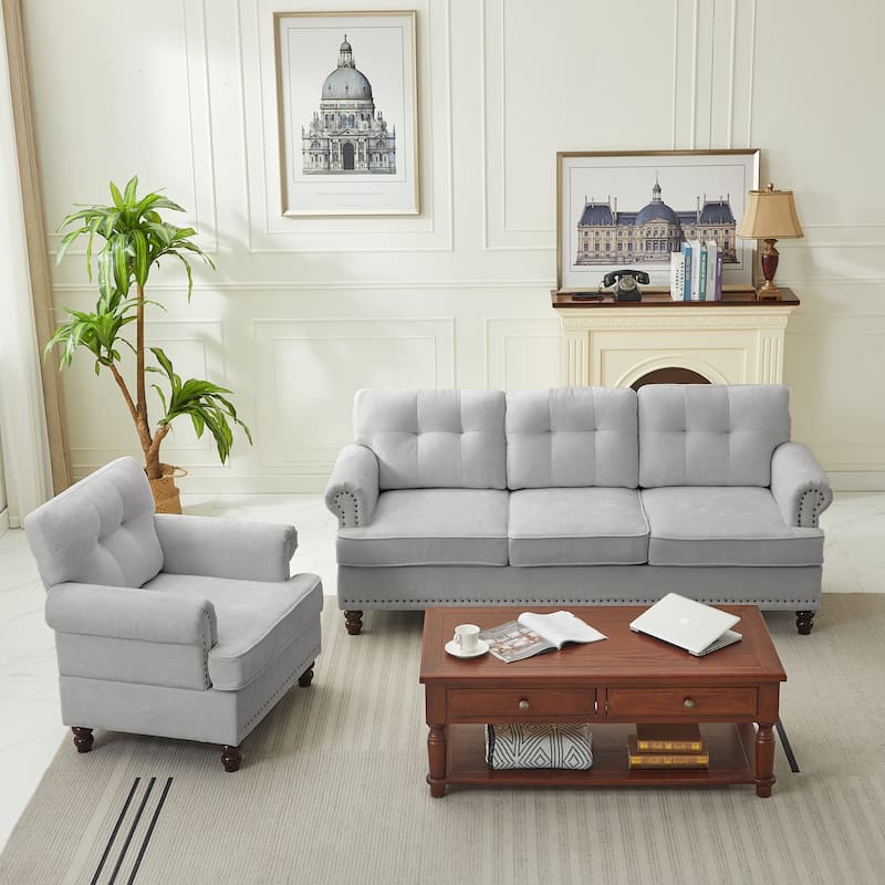 Set of 2 Pieces, A 3-seat Sofa and An Armchair, Chenille Sofa Set for Living Room