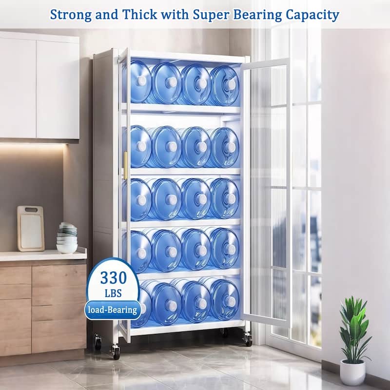 65" Kitchen Pantry Storage Cabinet, 6 Tier Metal Display Storage Cabinet with Transparent Door, Adjustable Shelves & Wheels