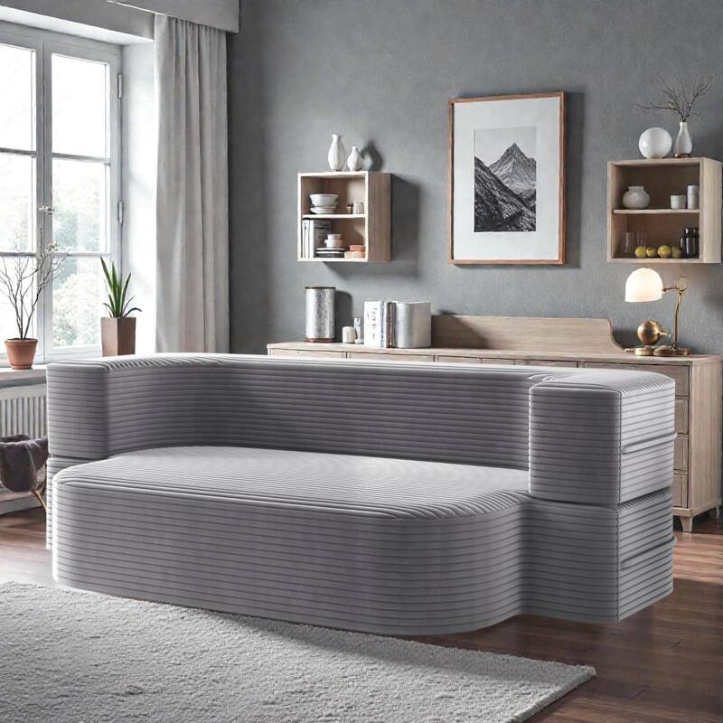 78.7 Inch Convertible Floor Sofa Bed, Plush Corduroy Sleeper Couch with Blanket and 2 Pillows, Deep Seat