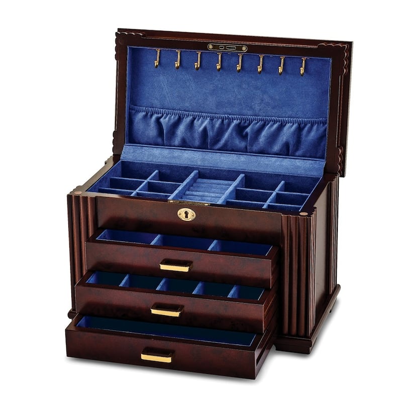 Curata Luxury Giftware Matte Rosewood Burl Veneer 3-Drawer Locking Wooden Jewelry Box