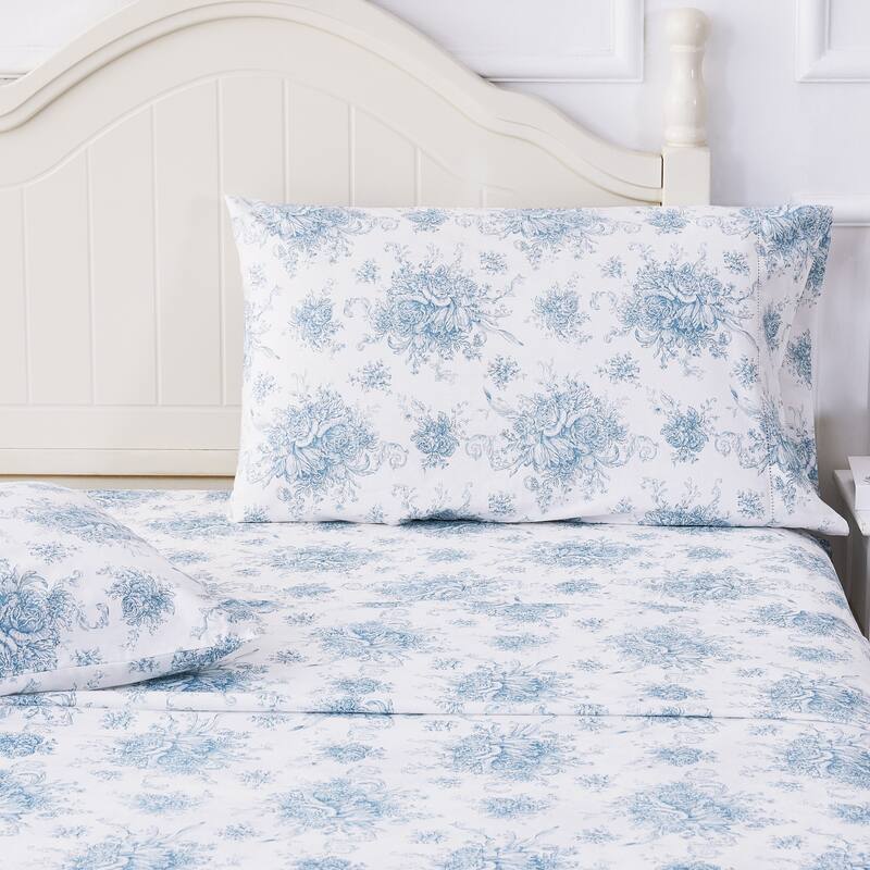 Floral Etching Cotton Sheet Set Light Blue