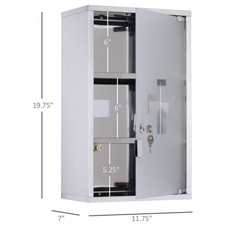 Locking Wall Cabinet with 3 Tier Shelves, Stainless Steel Frame and Glass Door, Lockable with 2 Keys, Silver, 12" x 20"