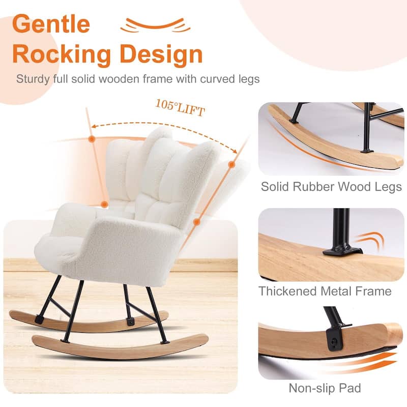 Living Room Ergonomic Teddy Fabric Rocking Chair Nursing Accent Reading Recliner with Soft Glider - 33.66"D x 28.35"W x 38.58"H