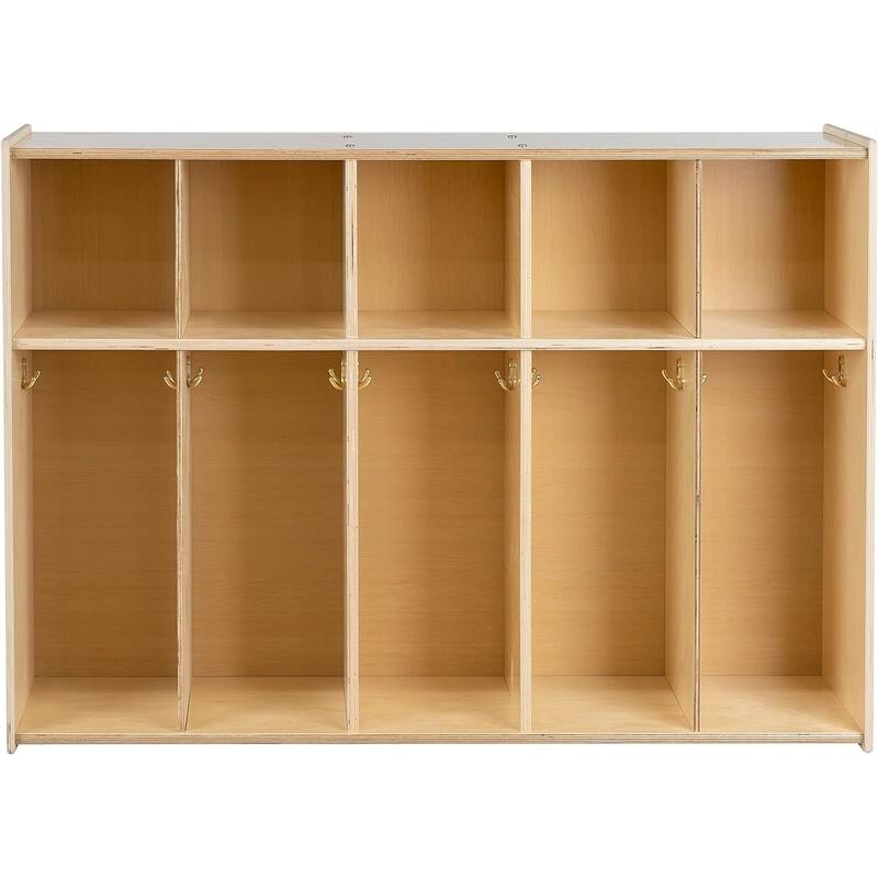 RRI Goods 5 Section Birch Plywood Daycare Cubby Coat Locker with Storage, Wooden Backpack Organizer with Hooks