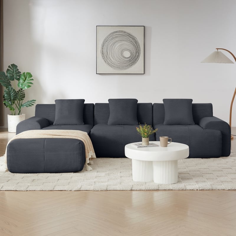 113" Modern L-Shaped Corduroy Upholstery Modular Sectional Sofa with Deep Seat and Movable Ottoman
