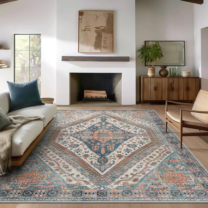 Mcow Everyday Comfort Neutral Low Pile Washable Non-Slip Area Rug - 8' x 10' - Blue/Orange - Rectangle