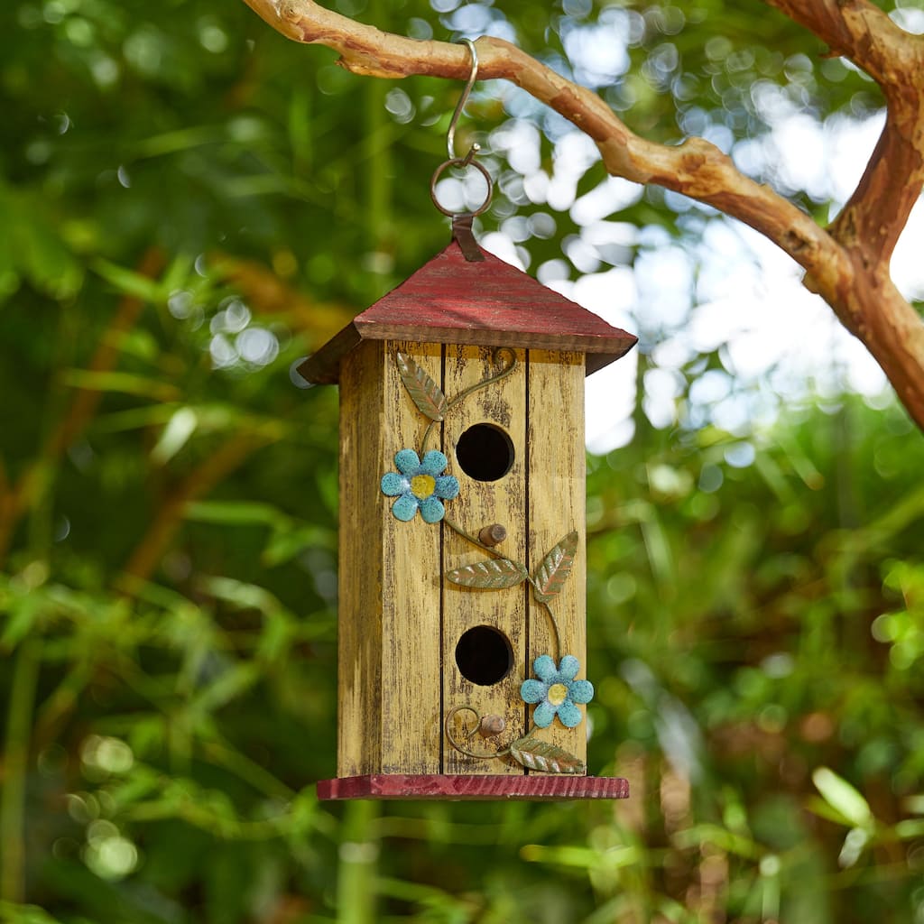 Glitzhome 11.75"H Solid Wood Cottage Decorative Garden Birdhouse - 6.00''L X 6.00''W X 11.75''H