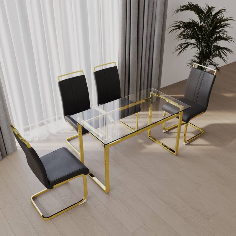 5-Piece Glass Dining Table Set with Gold Metal Legs and 4 PU Upholstered Chairs