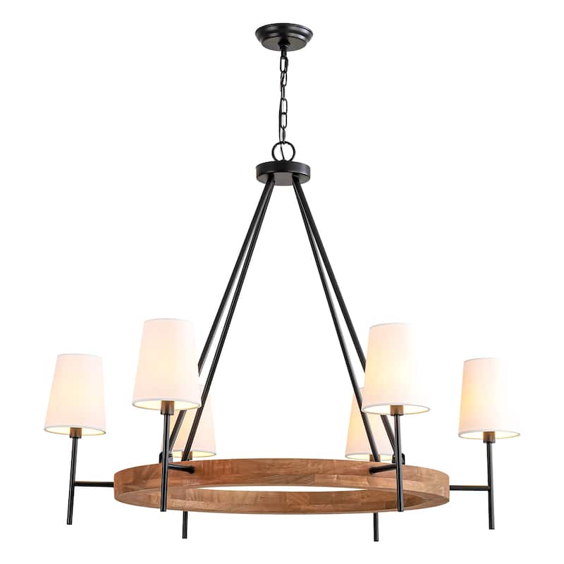 6-Light Vintage Farmhouse Wood Material Black Wagon Wheel Chandelier with Wood Material and Fabric Shade