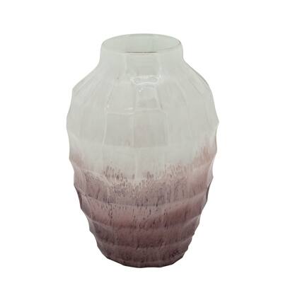 12 Inches Geometric Textured Glass Vase, White and Brown