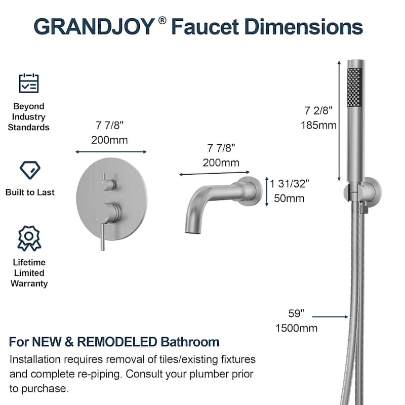 GRANDJOY Wall Mounted Tub Shower Faucet Set with Rotating Bathtub Spout and Handheld Shower