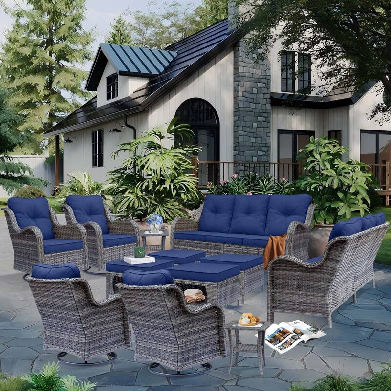 12 Piece Outdoor Wicker Patio Furniture Seating Set with Swivel Chairs