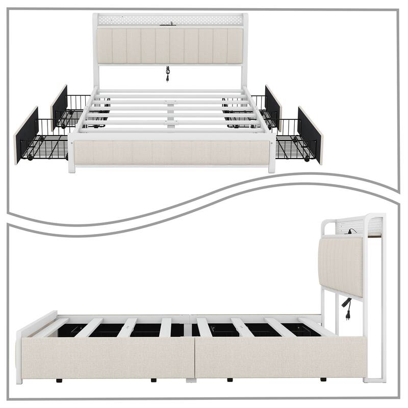 Contemporary Multifunctional Queen Size Linen Fabric Upholstered Platform Bed