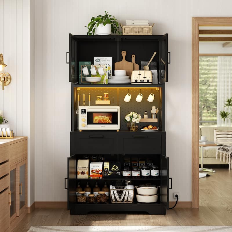71" Kitchen Pantry Storage Cabinet with LED Light & Power Outlet, Freestanding Buffet Cabinet with Microwave Stand and Doors