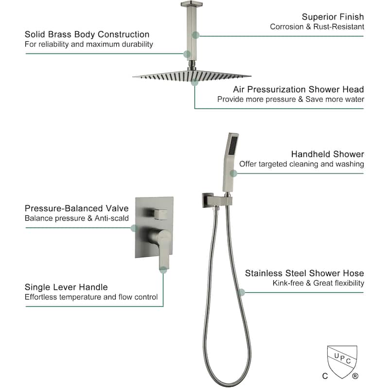 2.5 GPM 12 in. Ceiling Mount Dual Shower Heads with Pressure Balance Valve