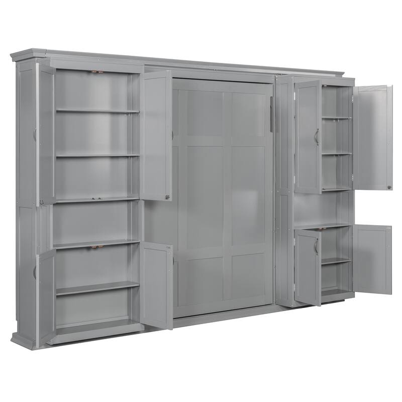 Queen Murphy Bed with Sliding Storage Cabinets & Shelves - Large Capacity Wall Bed System