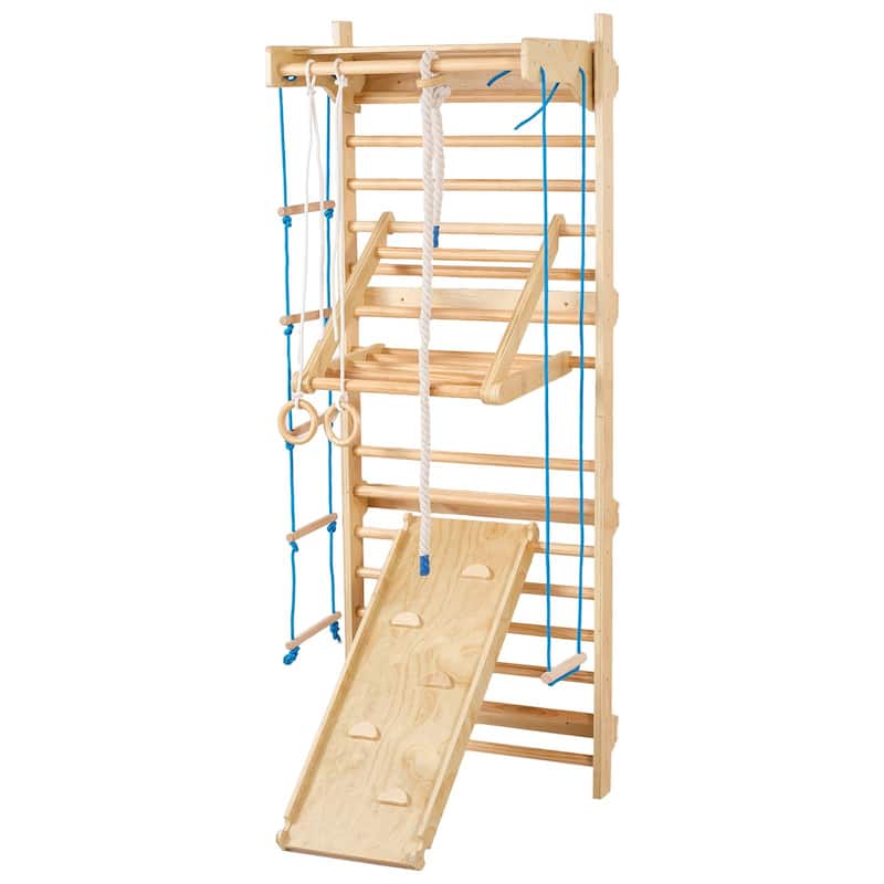 Beige Pine Wood 8 in 1 Swedish Ladder Indoor Jungle Gym for Kids and Adults with Slide Rings Rope Climbing and 220 lbs Capacity