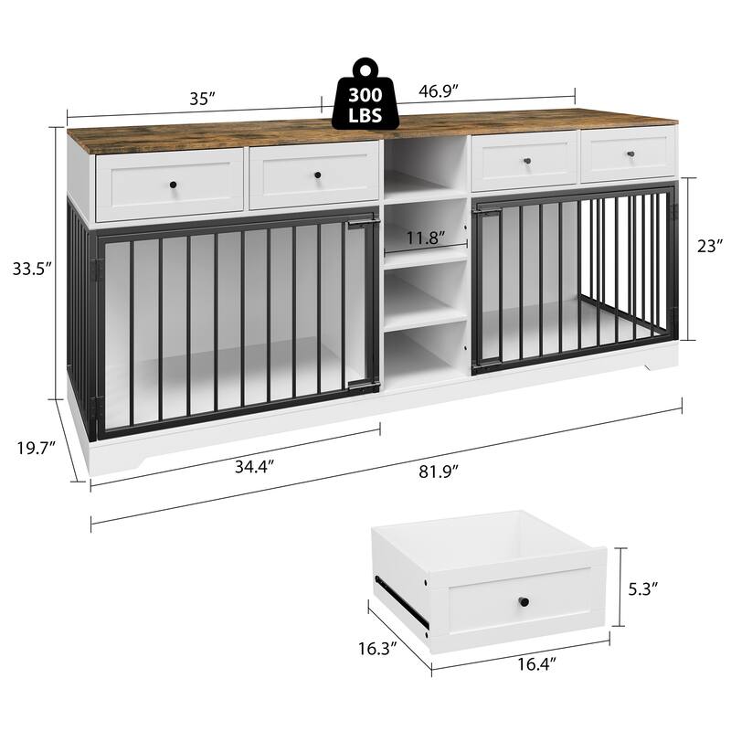 Double Dog Crate Furniture, Large Wooden Dog House with 4 Drawers