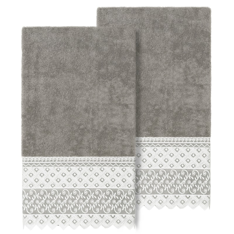 Authentic Hotel and Spa Turkish Cotton Aiden 2PC White Lace Embellished Bath Towel Set - Dark Gray