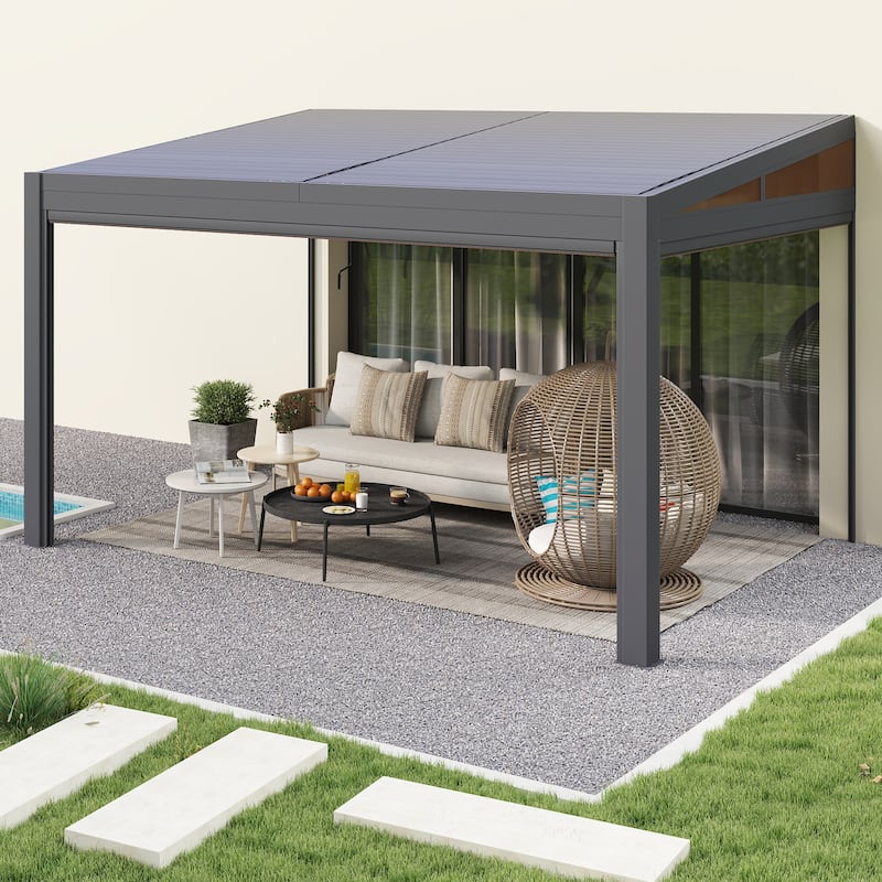 Erommy Wall-Mounted Pergola with Louvered Roof & Pull-Down Screen, Aluminum Awning for Patio or Deck