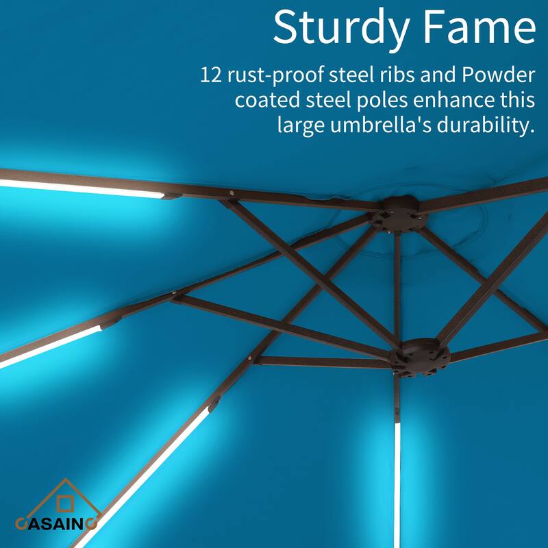 15 ft. Crank Double-sided Solar LED Ultra Lighted Outdoor Market Umbrella with Base Included