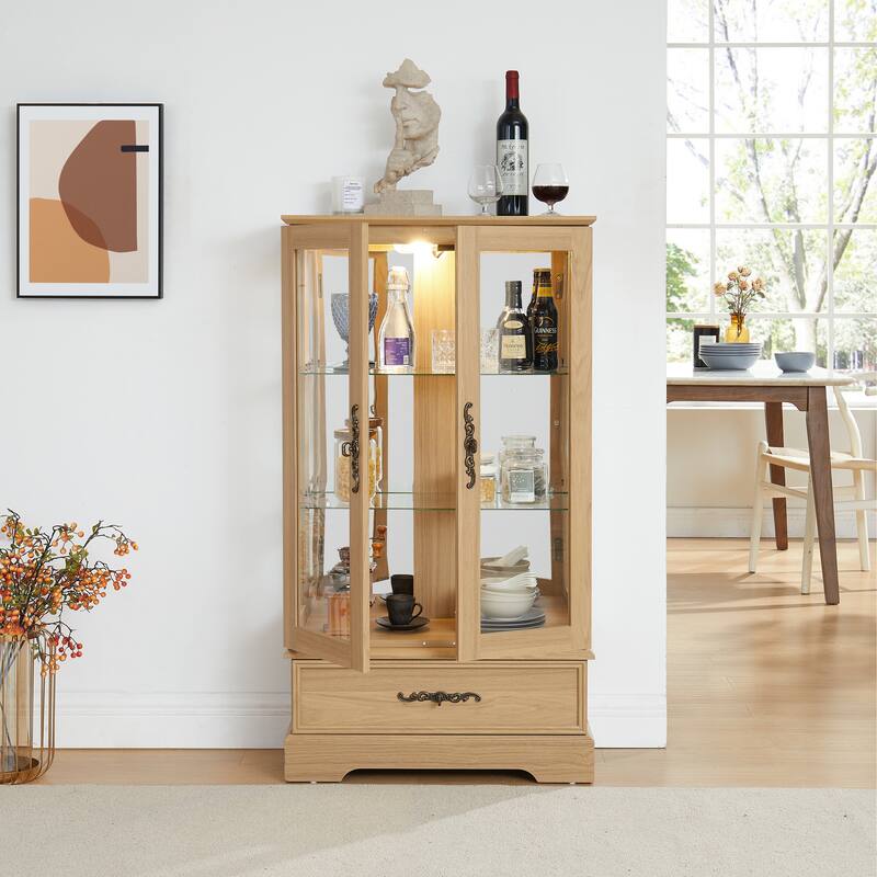 GDFStudio - Traditional Storage Lighted Curio Display Cabinet with Glass Doors and Drawer