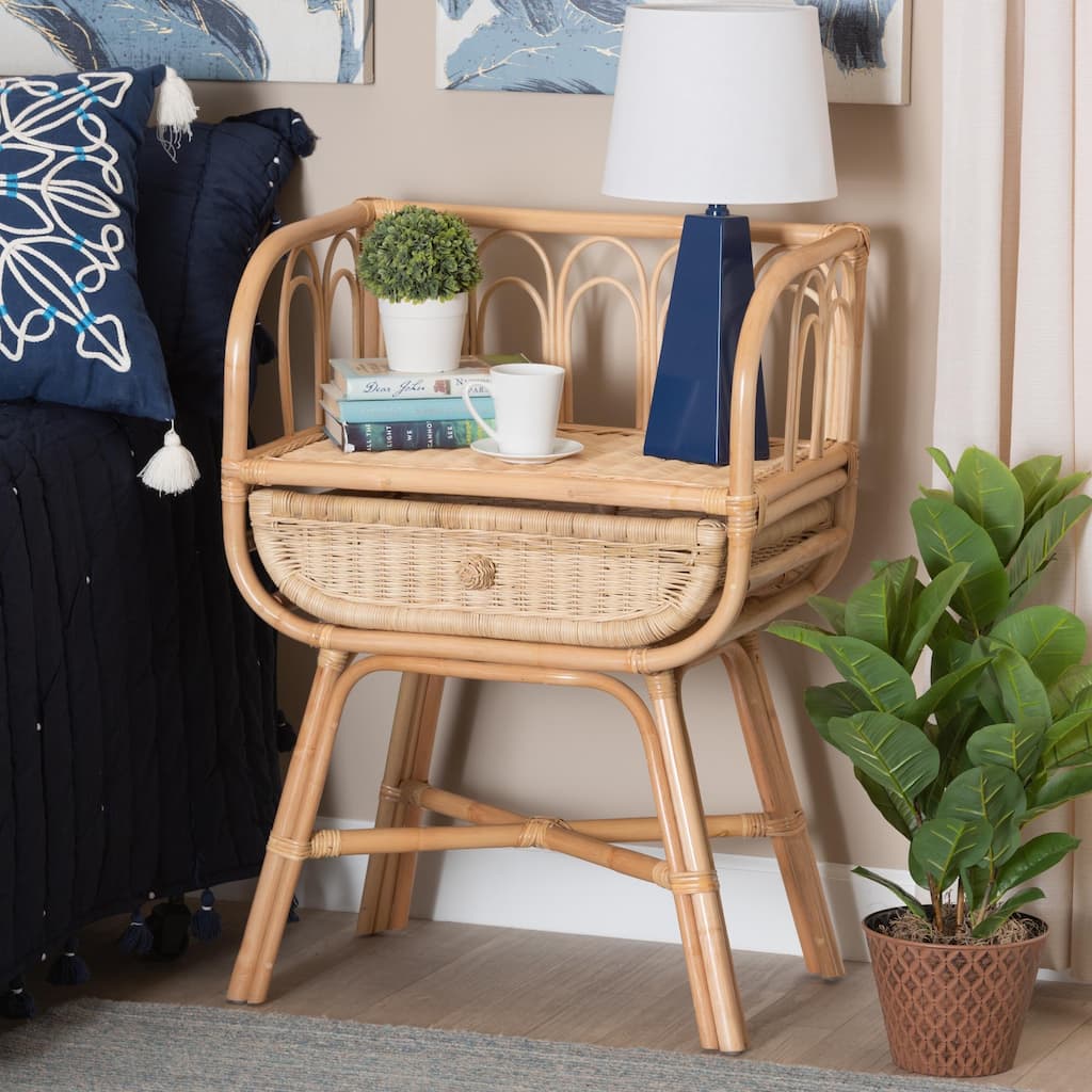 Panchali Modern Bohemian Natural Brown Rattan Nightstand, 1-Drawer