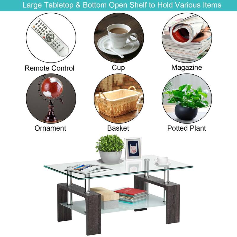 Costway Rectangle Glass Coffee Table Metal Legs End Table Livingroom