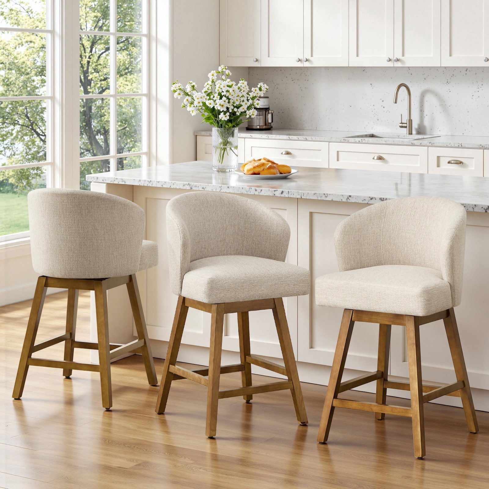 26-Inch Upholstered Swivel Counter Height Bar Stool with U-shaped Back and Solid Wood Frame - 37.8"H x 20.9"W x 21.3"D