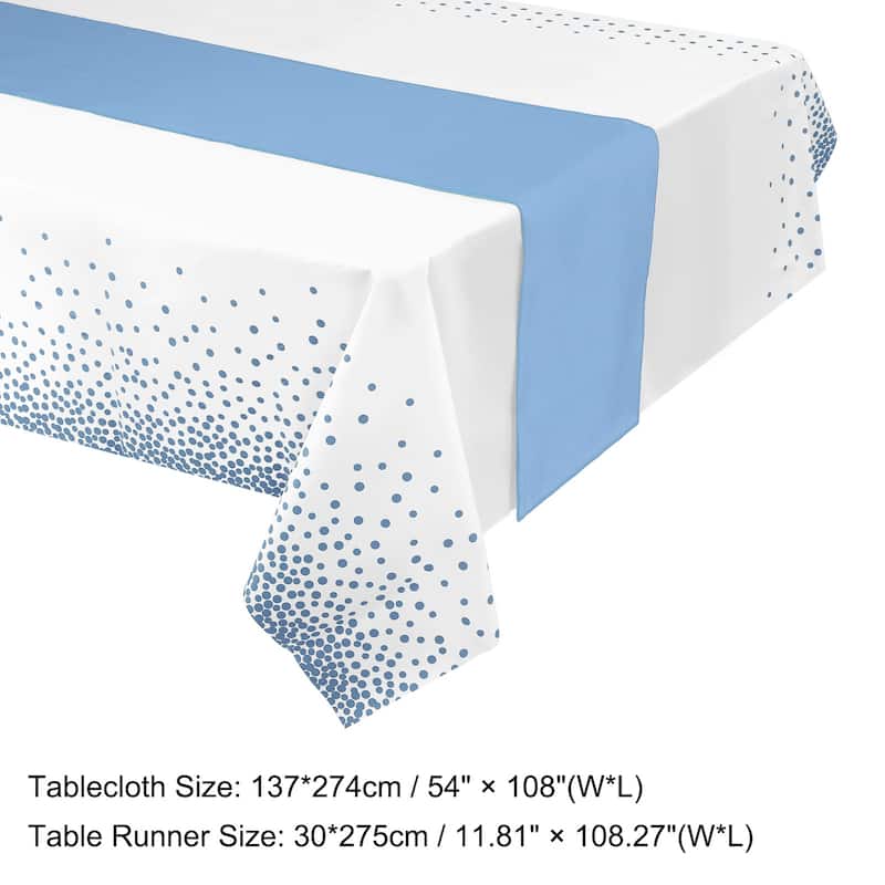 Blue Table Runner w White Plastic Tablecloth 54x108" Blue Dots 1Set - White+Blue - White+Blue