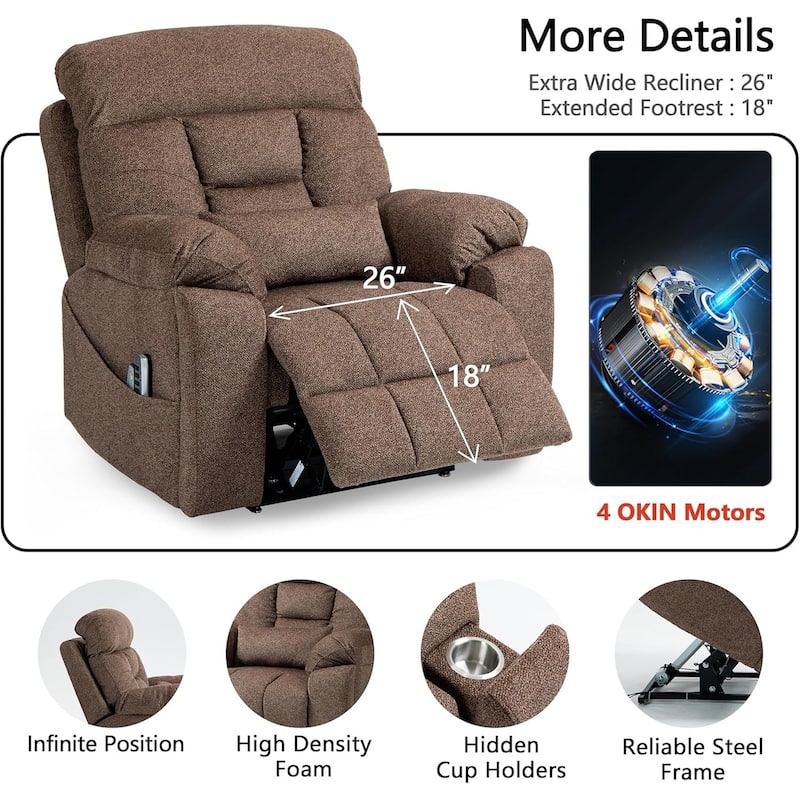 Luxury Electric Lift Recliner with Heat, Massage, 180° Recline, 4 OKIN Motors, Dual Remotes, and Cup Holders.