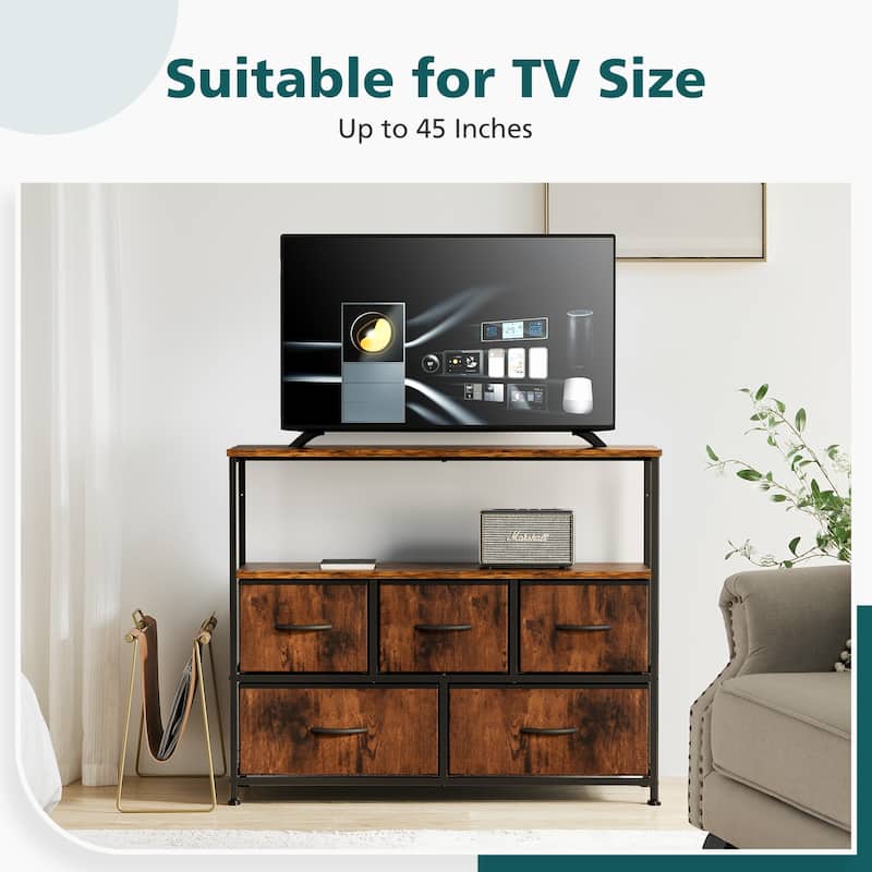 CoolArea 5-Drawer Dresser, Fabric Chest Storage Tower with Wooden Top and Open Shelf