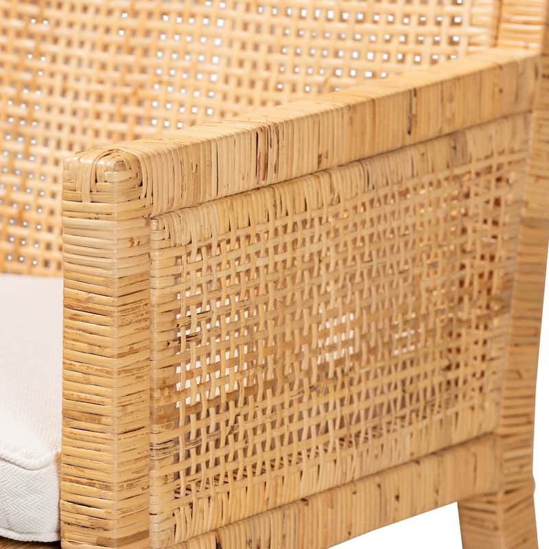 Karis Rattan Dining Chair - Handwoven Wicker Armchair with Mahogany Wood, Coastal Boho Style Indoor Seating