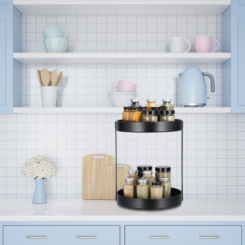 2 Tier Lazy Susan Turntable, 12inch Metal Spice Rack Organizer for Countertop - Black