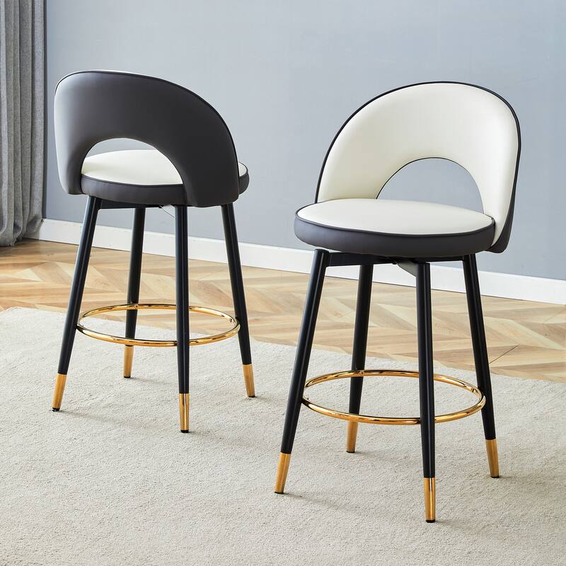 360° Swivel Bar Chair Set of 2, Modern Spliced Color Faux Leather Upholstered Bar Chair with Gold Metal Leg & Powder Coated Base - White+Black