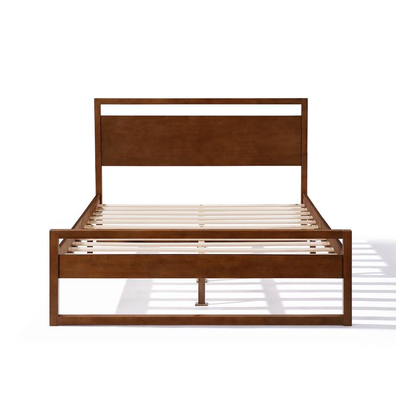 Roomfitters Queen Platform Bed Frame with Headboard, Solid Wood Mid-Century Mattress Foundation, 800lb Capacity, Walnut
