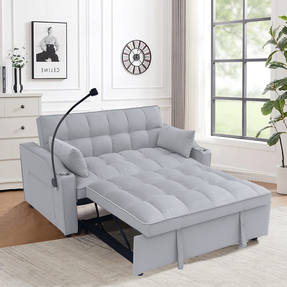 Light Gray Velvet Convertible Loveseat Sofa Bed with Adjustable Back