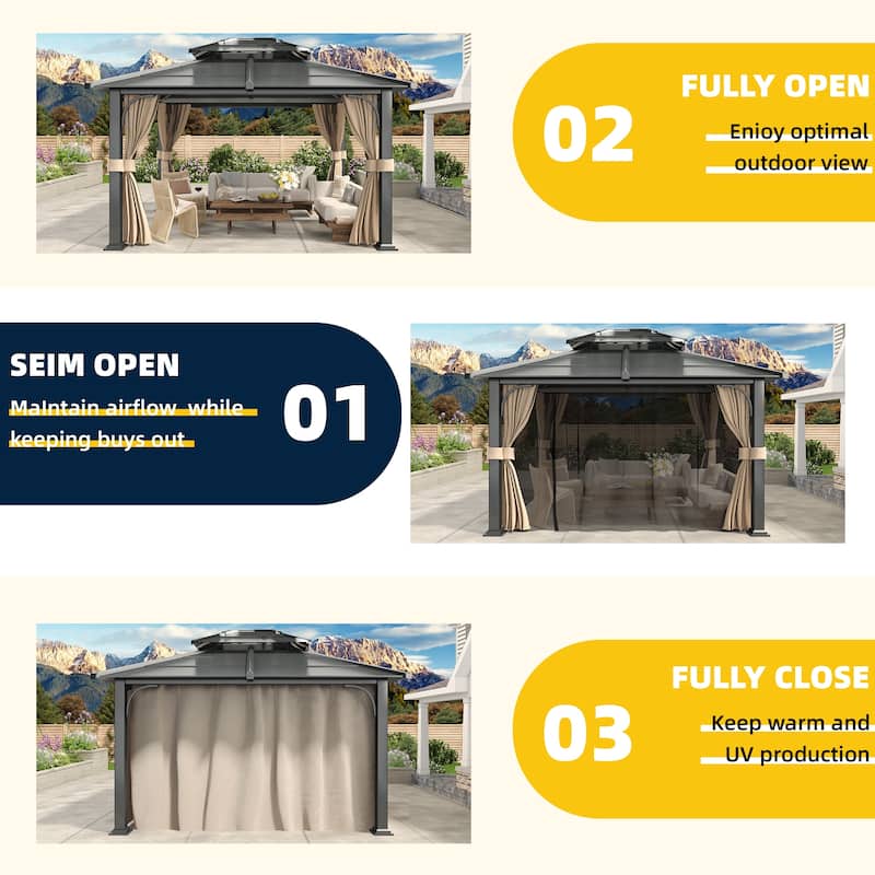 EROMMY Anti-Rust Coating Iron Hardtop Sun Shade Shelter Outdoor Canopy & Pergolas w/Curtains and Netting