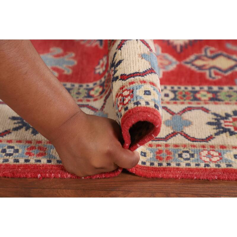 Geometric Kazak Accent Rug Handmade Red Wool Carpet - 3'4" x 5'0"