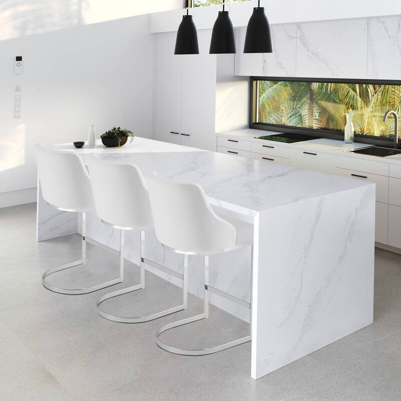 Velvet/Faux Leather Barstool, Counter Height Stools Set of 3 - 18.9"W x 20.5"D x 36.6"H - PU-White