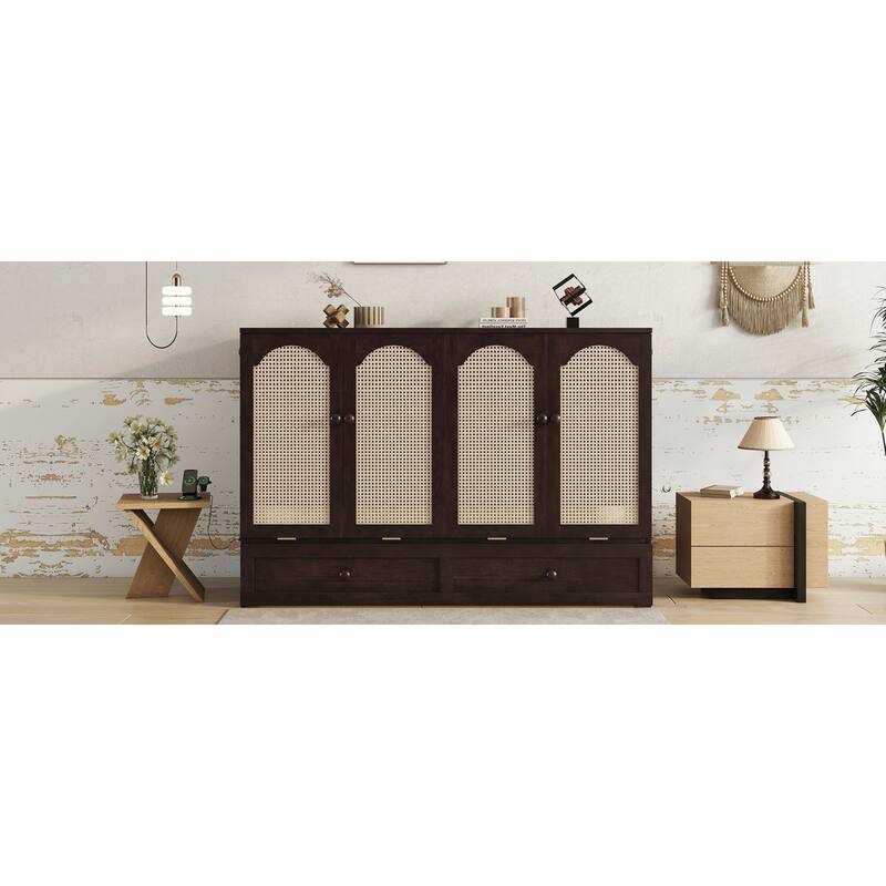 Roomfitters Queen Murphy Bed Cabinet, Pine Wood Fold-Down Bed with Power Station and Rattan Accent Panel