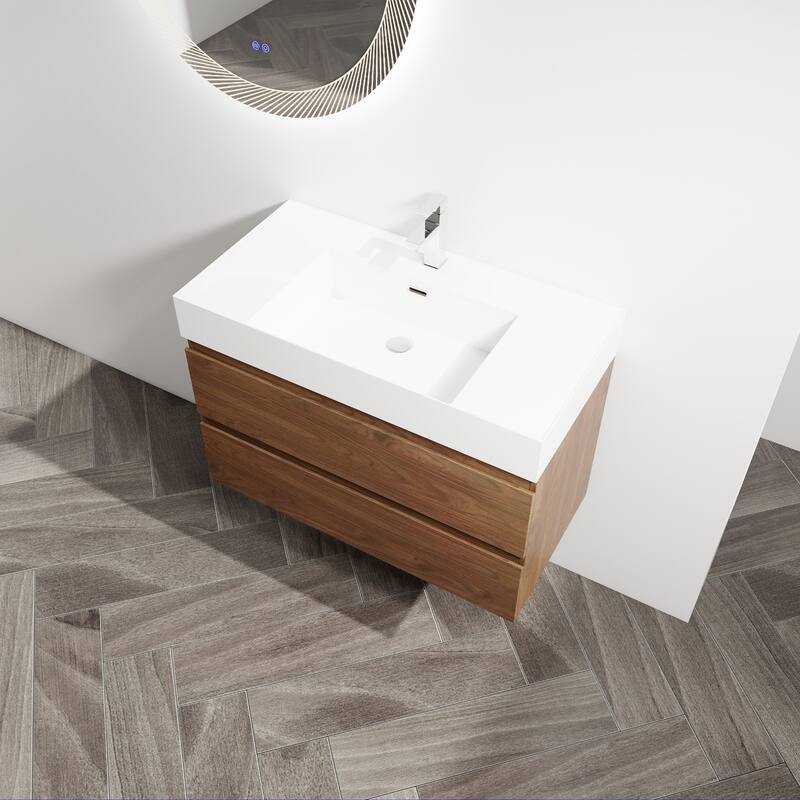 24/30/36 Single Sink Wall-Mounted Bathroom Vanity with Integrated Thick Edge Resin Sink