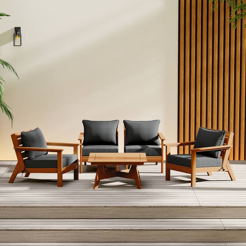 Birchwood All Weather HDPE Outdoor Patio Teak Deep Seating Conversation Set (5-Piece Set)