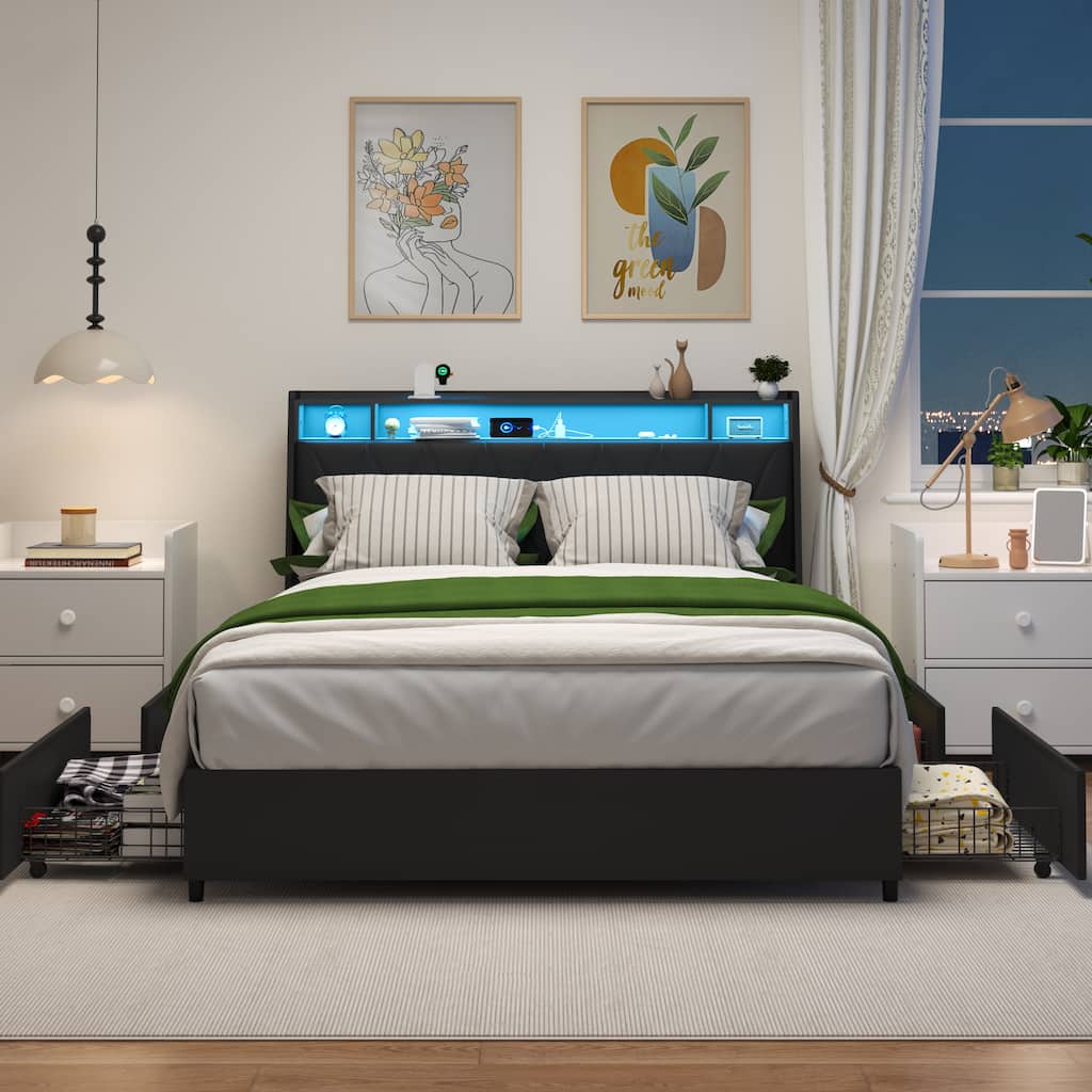 Low Profile Bed Storage Platform Bed Frame with Upholstered Headboard, Charging Station, LED Lights and Underbed Drawers