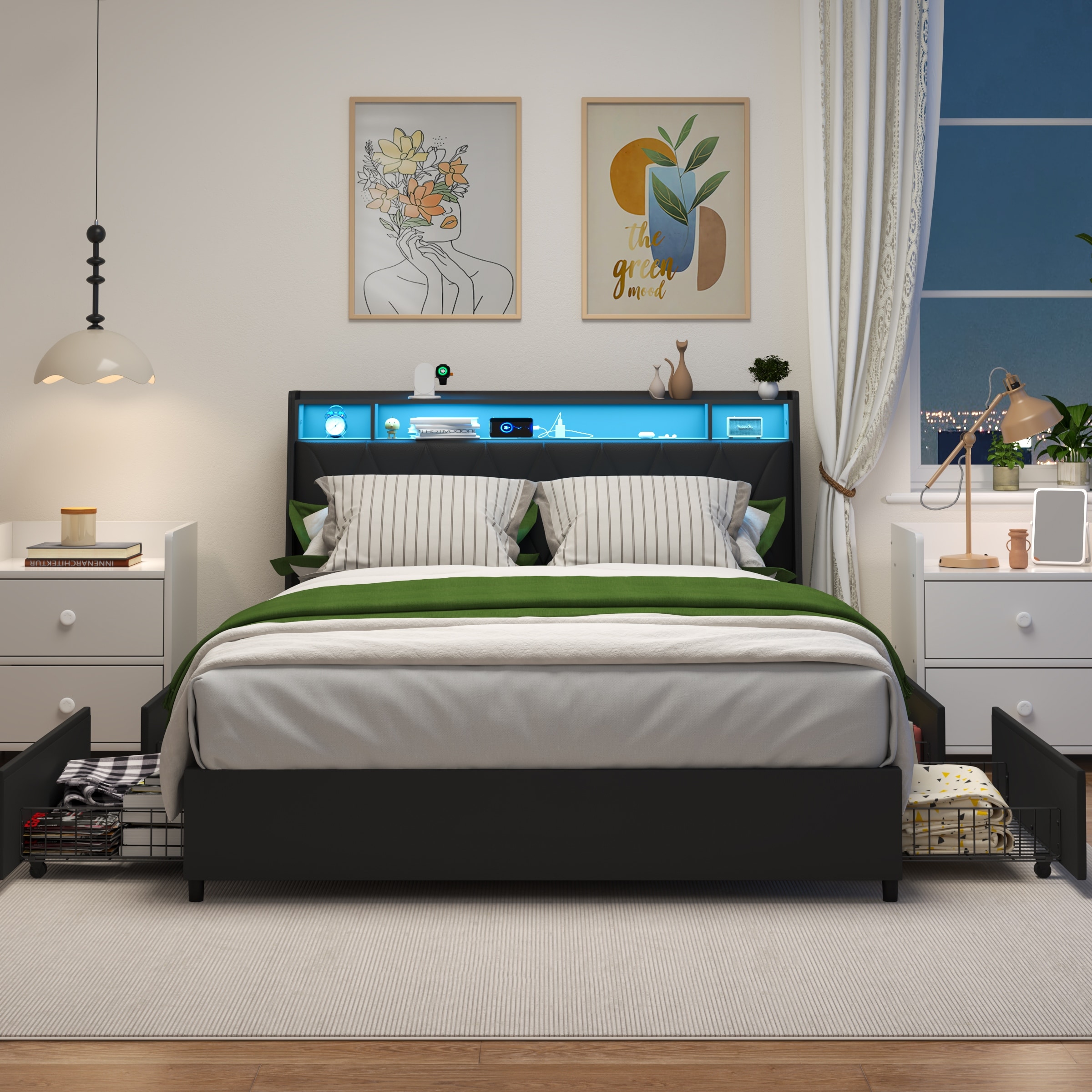 Queen Bed Frame with Ergonomic Headboard, Platform Bed Frame with Outlets & Charger & LED Light, with Storage Shelf